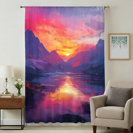 Mountain Peaks Sheer Curtains 54 Inches Long Sunset Gradient Sky Light Filering Curtains Breathable Simi Curtain Privacy Drapes for Kitchen Bathroom Nursery Lightweight Small Window Treatment