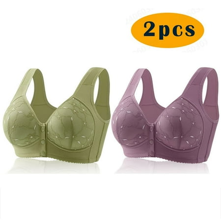 GERsome Women s 2 Pack Assorted Color Comfort Front Close Sport Bra Convenient Snap Sleep Bra Wireless Bras for Women Plus Size Full Coverage No Underwire Bra 2pcs#Green/Purple L