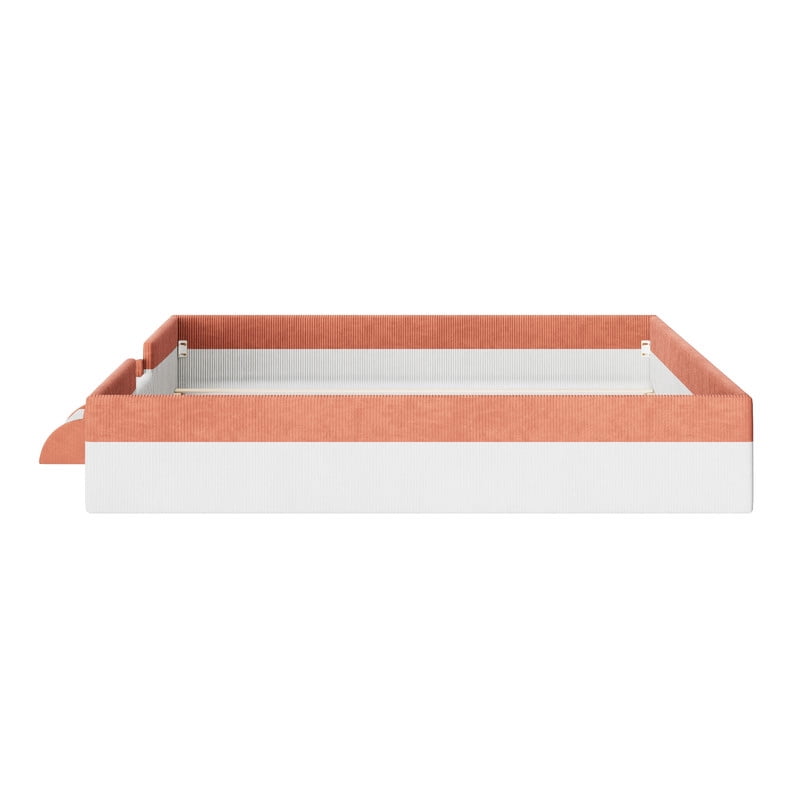 King Size Upholstered Floor Bed with Fence, 2-Tier Steps and Smart LED Lights, Corduroy Platform Bed Frame with Guardrails, Low Profile Montessori Bed for Boys Girls