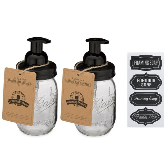Jarmazing Products Mason Jar Foaming Soap Dispenser – Black – With 16 Ounce Ball Mason Jar - Two Pack!