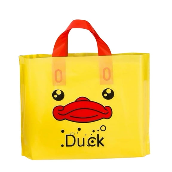 50 Pcs Premium Plastic Gift Bags with Adorable Yellow Duck & "Duck" Text - , Red - Handle, Charming & Durable for Parties, Weddings & Shopping