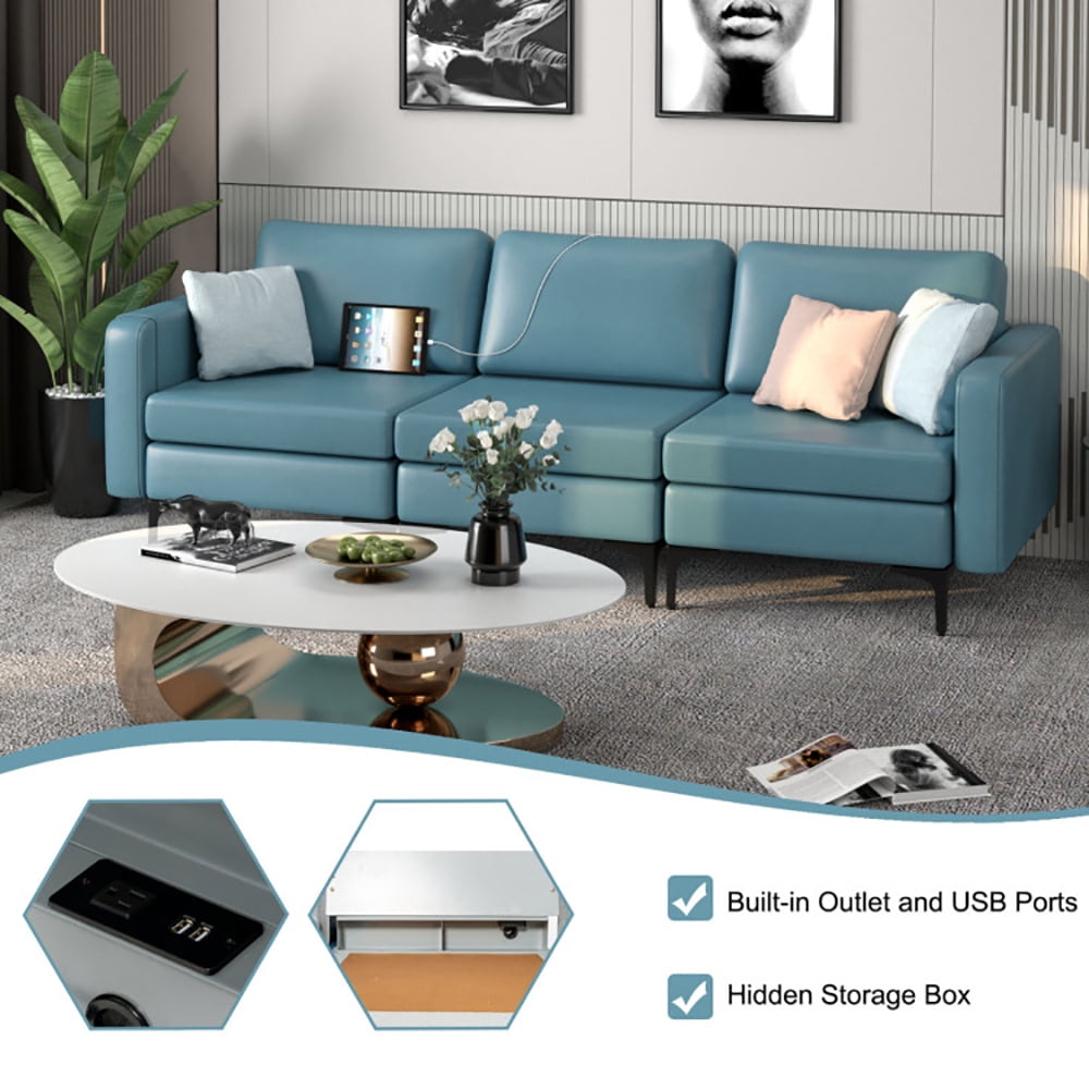 Finihen Leather Sofa, 3-Seat Sofa, Convertible Leather Sofa Couch with Magazine Pockets 3-Seat with 2 USB Port, for Living Room, Bedroom, Blue Finihen Leather Sofa, 3-Seat Sofa, Convertible Leather Sofa Couch with Magazine Pockets 3-Seat with 2 USB Port, for Living Room, Bedroom, Blue