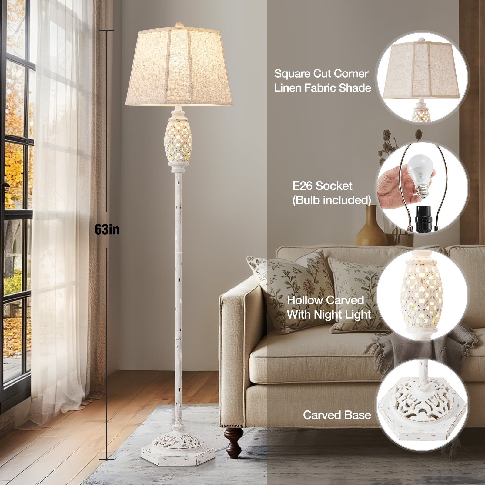 NATYSWAN Rustic Floor Lamp with Floral Cutouts & Light, Vintage Farmhouse Style Standing Lamp Resin Floor Lamps for Living Room, Bedroom,Study (Bulb Included)