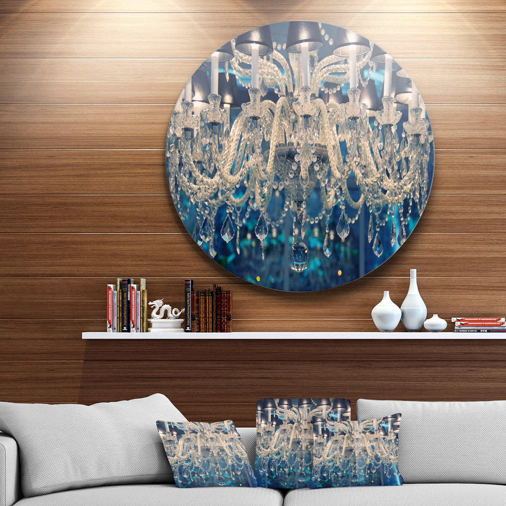Designart 'Blue Vintage Crystal Chandelier' Disc Flower Artwork on Large Metal Circle Wall Art