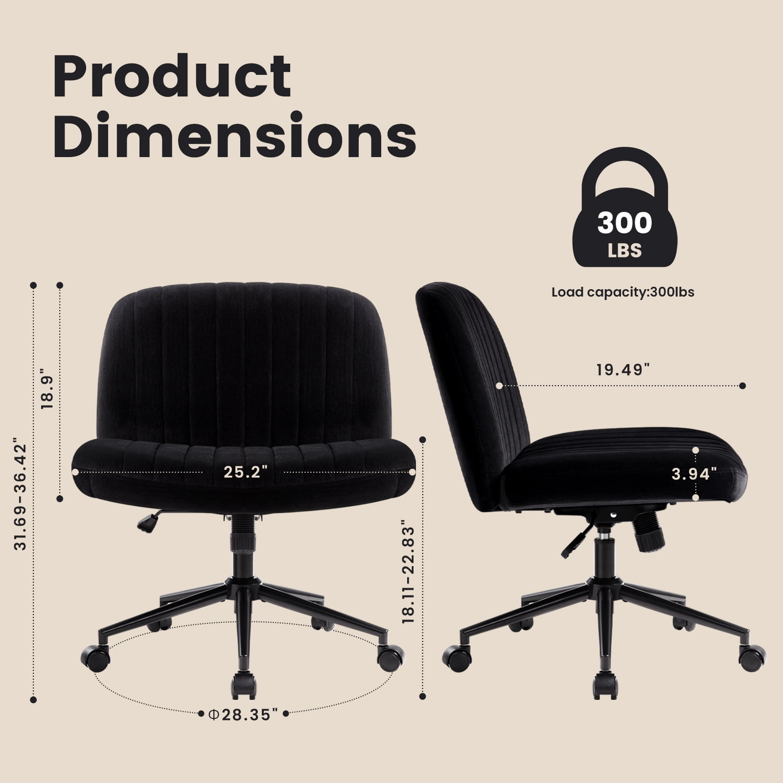 IWMH Ergonomic Armless Task Office Chair with Wheels, Cross Legged Wide Seat Desk Chair, Black Velvet Upholstered Swivel Vanity Chair, for All Ages