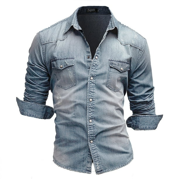 2021 hombres Denim manga larga Beefy botón básico sólido blusa camiseta Top Pompotops oipoqjl13381