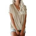 thumbnail image 3 of Women Solid Color V Neck Batwing Sleeve Cross Drape Front Buttons T-Shirt, 3 of 5