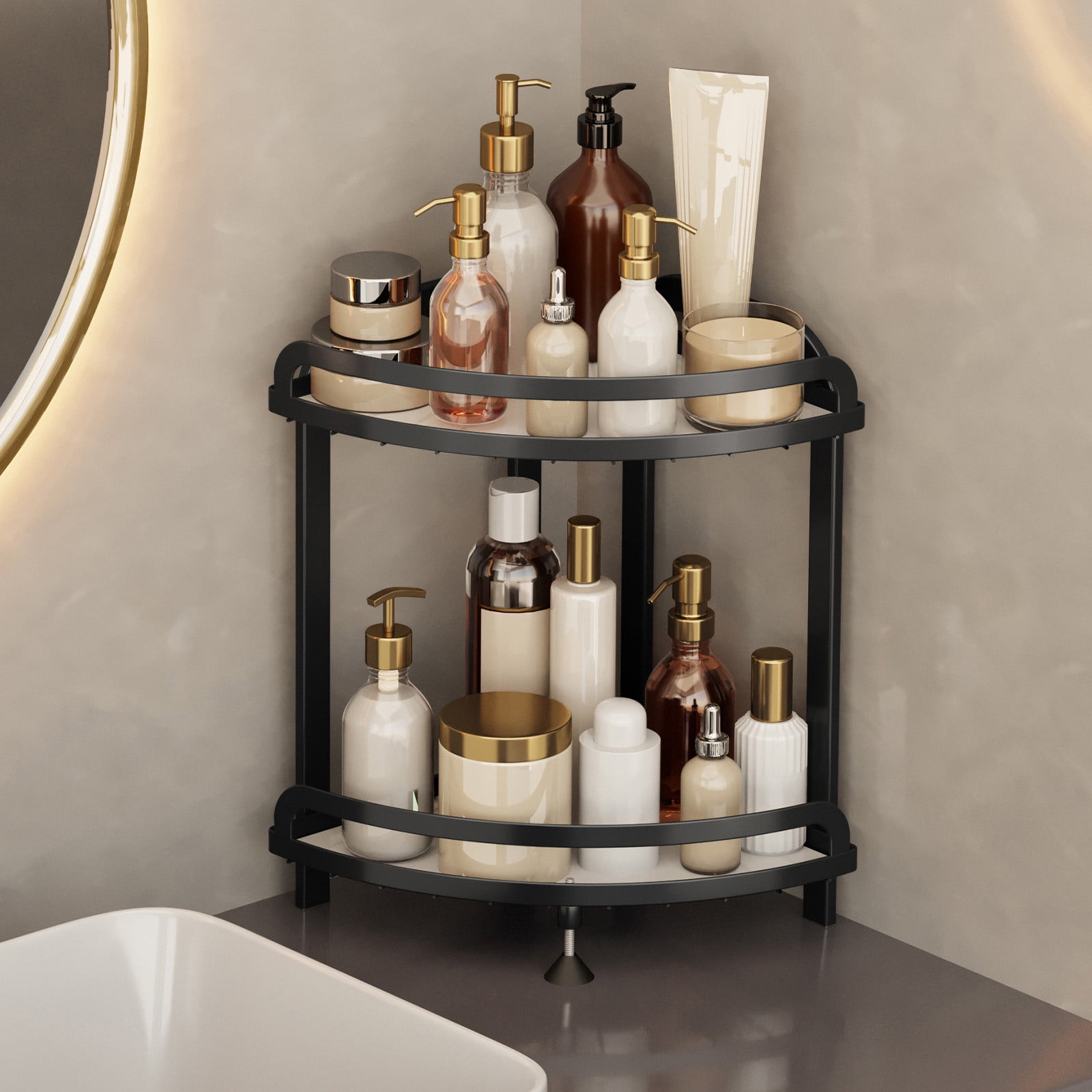 Amacok Corner Bathroom Counter Organizer Metal Bathroom Sink Organizer Countertop, Makeup Organizer for Vanity Storage Corner Skincare Organizers Bathroom Counter Shelf