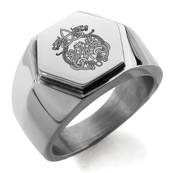 Stainless Steel Dragon Knot Skuld's Net Viking Rune Engraved Hexagon Crest Flat Top Biker Style Polished Ring