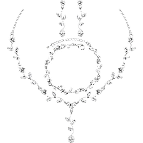 Elegant Bridal Jewelry Sets for Wedding Bride Leaf Shape Cubic Zirconia Necklace Earrings Bracelet Set Prom Costume Accessories