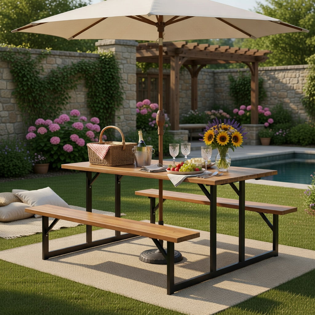 Hommoo 6-Person Acacia Wood Outdoor Picnic Table Set with Built-In Benches, Heavy-Duty Metal Frame, Umbrella Hole, Deck & Patio Ready, Brown & Black