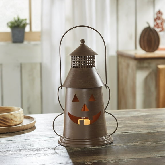 VHC Brands Halloween Lantern Tealight Holder Bronze, Fall and Halloween Kitchen Dining Table Candle Holder, Pumpkin Decor Bronze, 8x12
