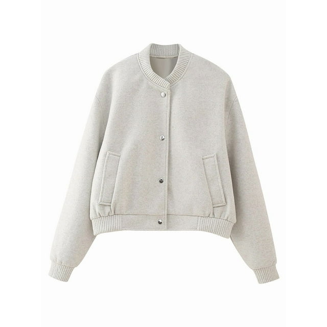 Females Solid Color Jacket Spring Casual Cropped Jackets Long Sleeve Zip Up Jacket Coat Outwear Beige L