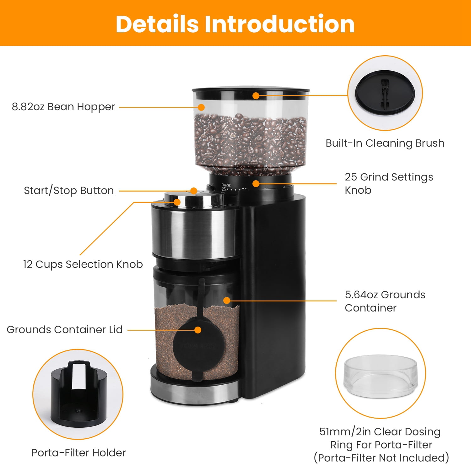 Conical Burr Coffee Grinder, Electric Espresso Coffee Bean Grinder for Home, 25 Precise Grind Settings, for Drip Percolator French Press Espresso Cold Brew Pour Over, Black