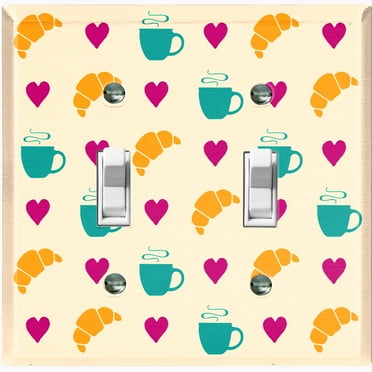 Metal Light Switch Wall Plate Outlet Cover (Coffee Espresso Mocha Cup Heart Croissant Pattern Beige - Double Toggle)