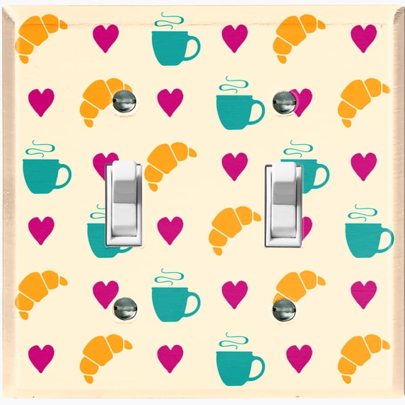 Metal Light Switch Wall Plate Outlet Cover (Coffee Espresso Mocha Cup Heart Croissant Pattern Beige - Double Toggle)