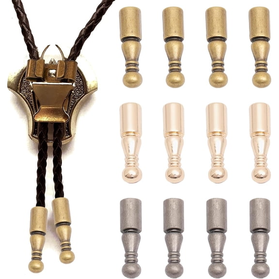 12Pcs 3Colors Bolo Tie Tips Replacement End Caps Metal Accessories Retro Bolo Tie Tips for DIY Keychain Sweater Chain Bracelet Necklace Jewelry Making Findings for DIY