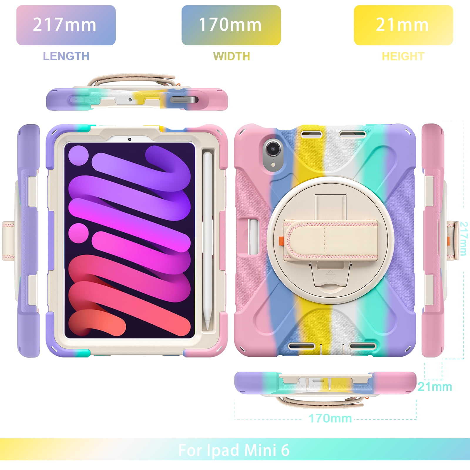 Rugged Case for 2021 Apple iPad Mini 8.3-Inch (6th Generation 2021 Release) - Rotating Stand Case with Adjustable Hand Strap /Pencil Holder, Shockproof Protective Hard Cover (Rainbow Pink)