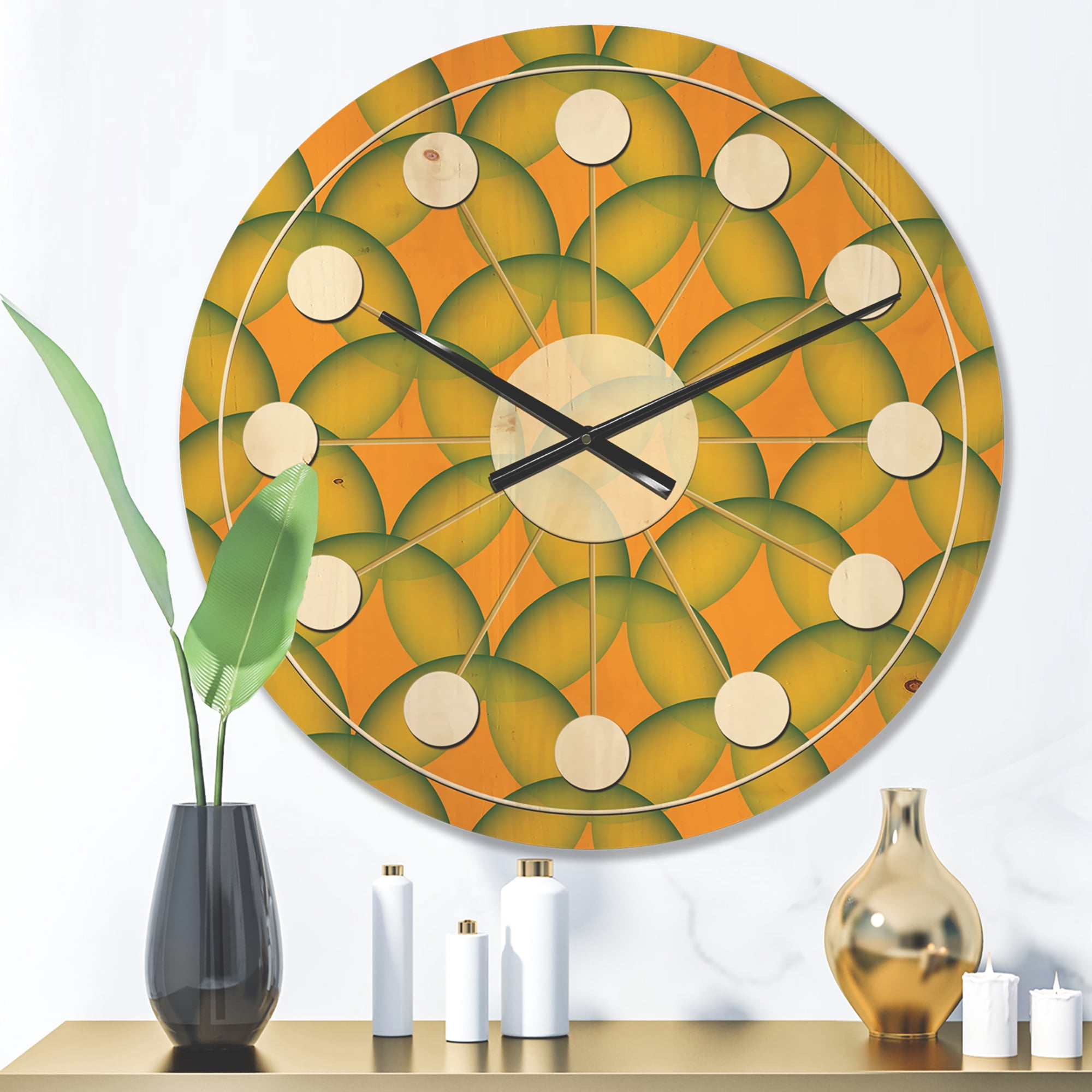Designart 'Abstract Retro Design In Yellow and Green ' Mid-Century Modern Wood Wall Clock