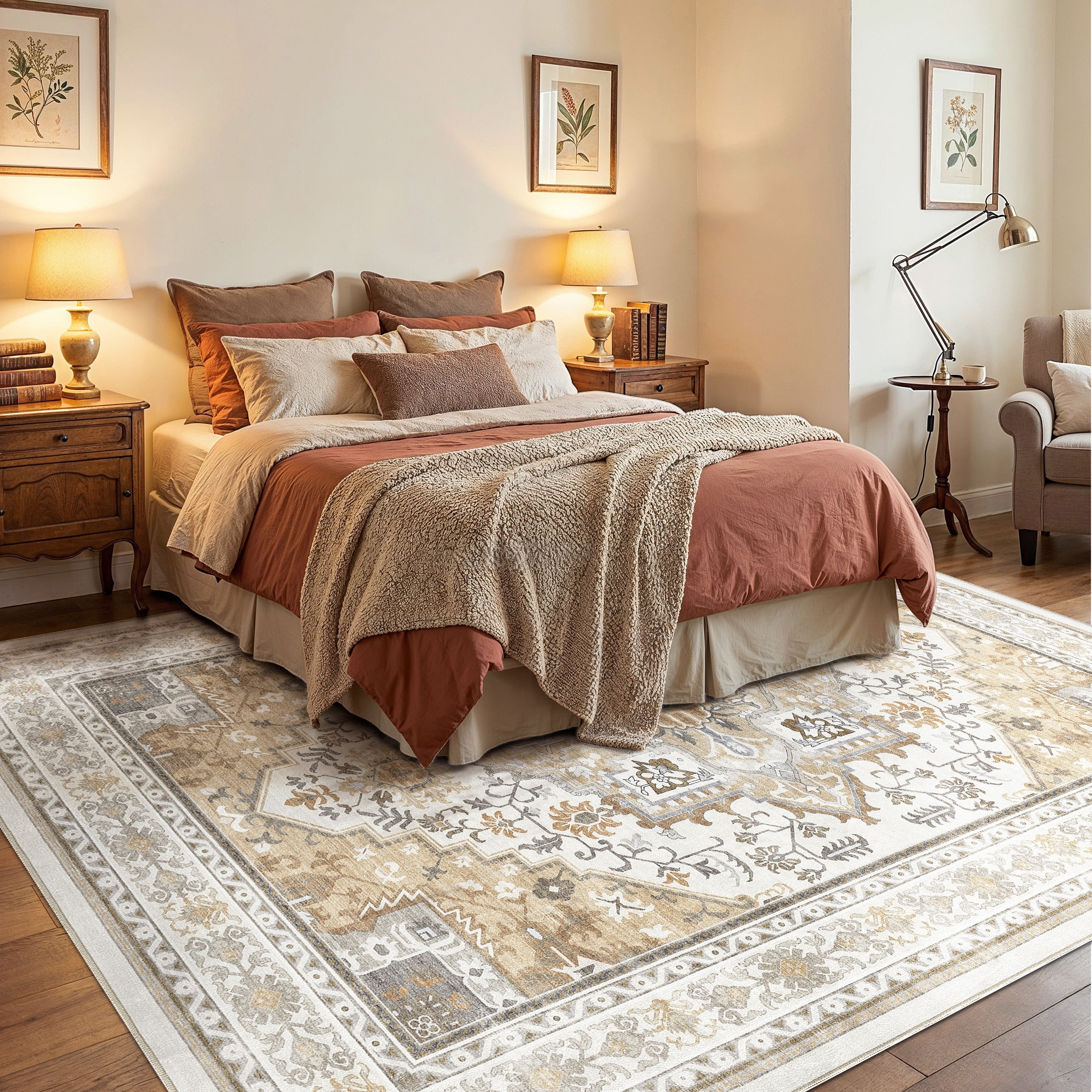 UERMEI 9x12 Washable Area Rugs for Living Room, Modern Vintage Printed Rug, Vacuum-Friendly, Non Slip Indoor Rug for Bedroom Dining Room Home Decor Carpet, Beige/Brown