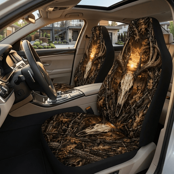 E-Macom Ltd Skull Deer Hunting Car Seat Covers, Woodland Camouflage Hunter Auto Seat Protectors, Universal Fit Vehicle Interior Accessories for Truck SUV
