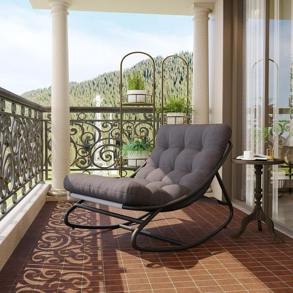 Outdoor Rocking Chair with Thick Cushions for Napping Relaxing, Modern Comfy Lounge Rocker Chair, Sturdy Metal Frame, Suitable for Living Room, Patio, Backyard, Porch, Grey