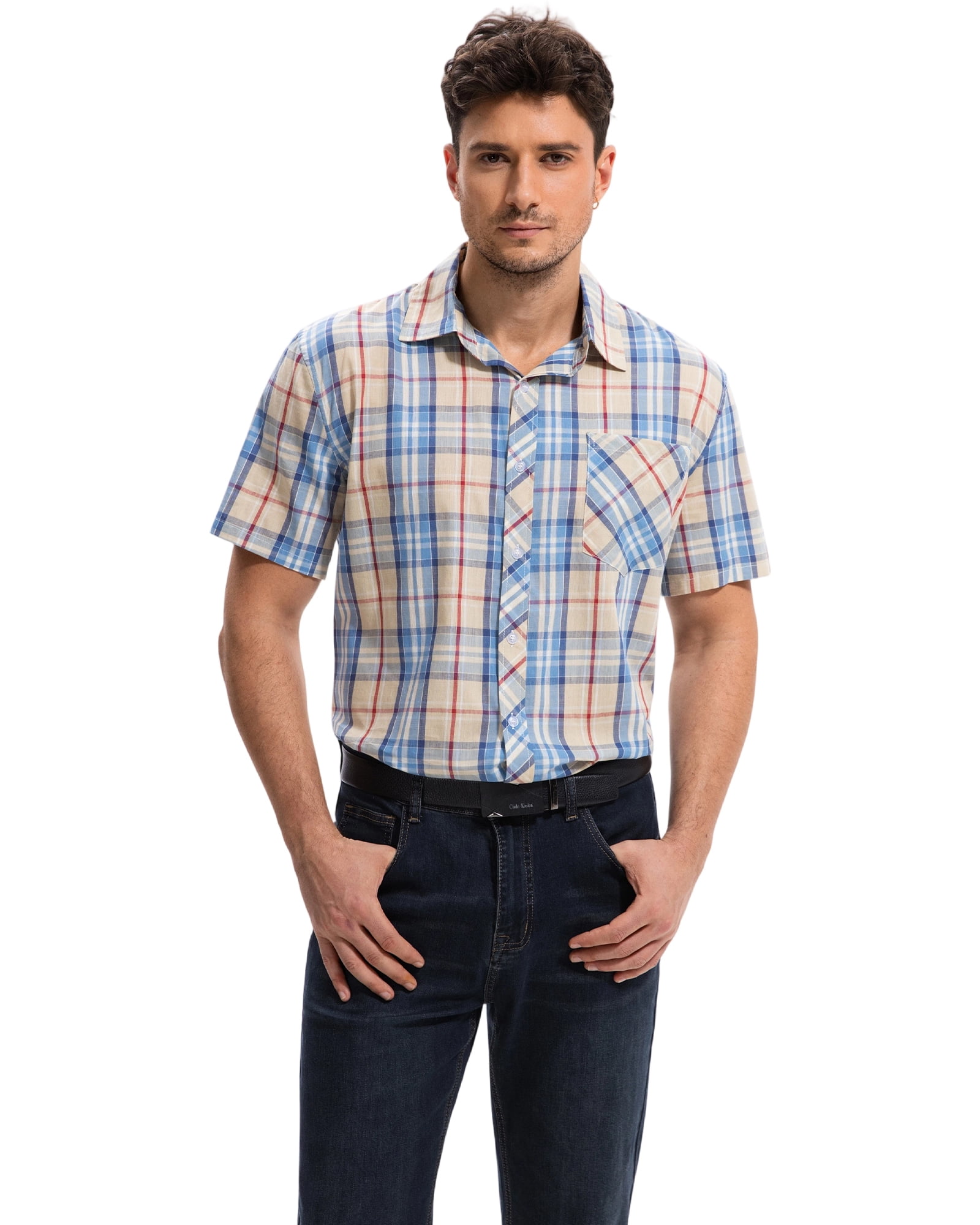 Onimisc Mens Plaid Short Sleeve Button Down Shirts 100% Cotton Regular Fit Casual Gingham Shirts