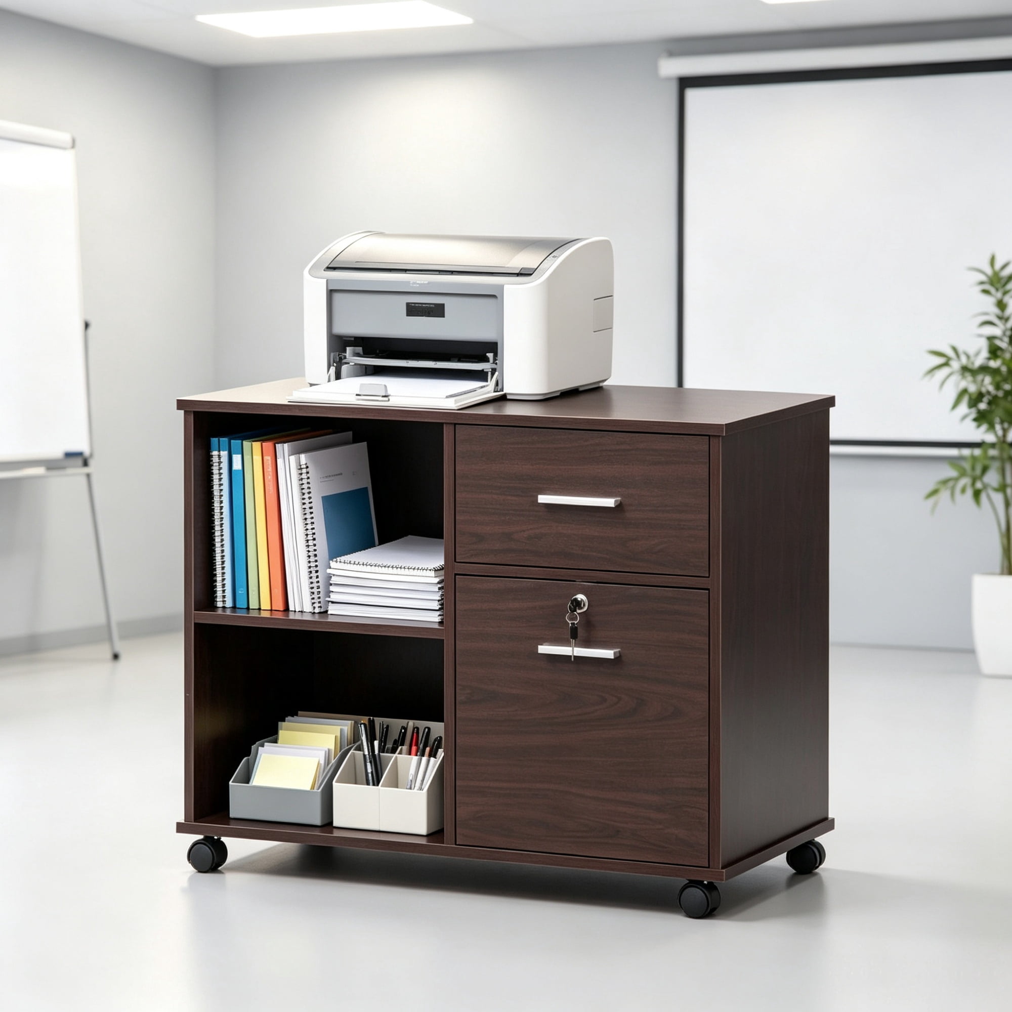 Printer Cabinet with Lockable Drawer and Rolling Casters for Office