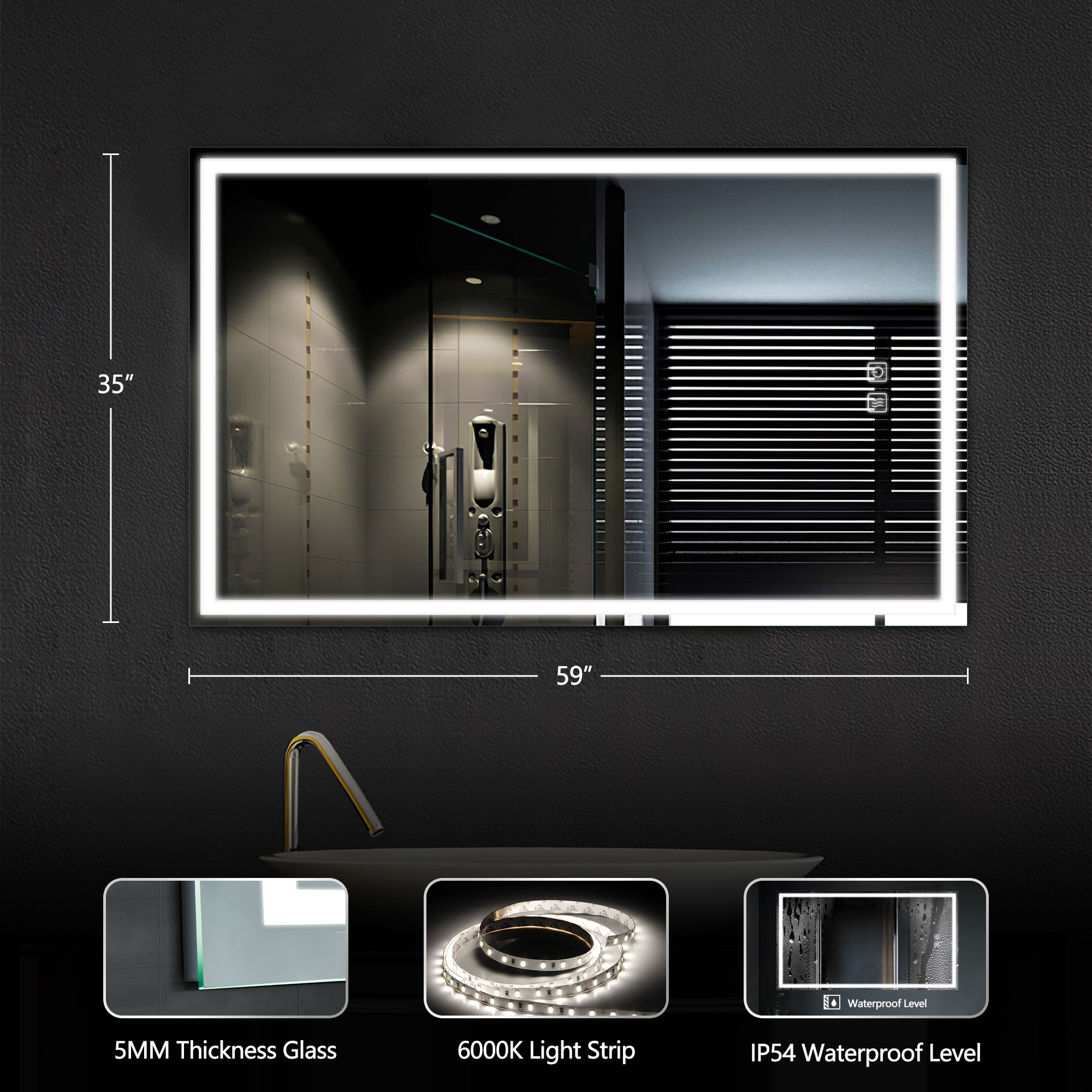59"x35" LED Lighted Right Angle Wall Mounted Bathroom Mirror Modern Rectrangle Vanity Mirror with Anti-Fog,Silver
