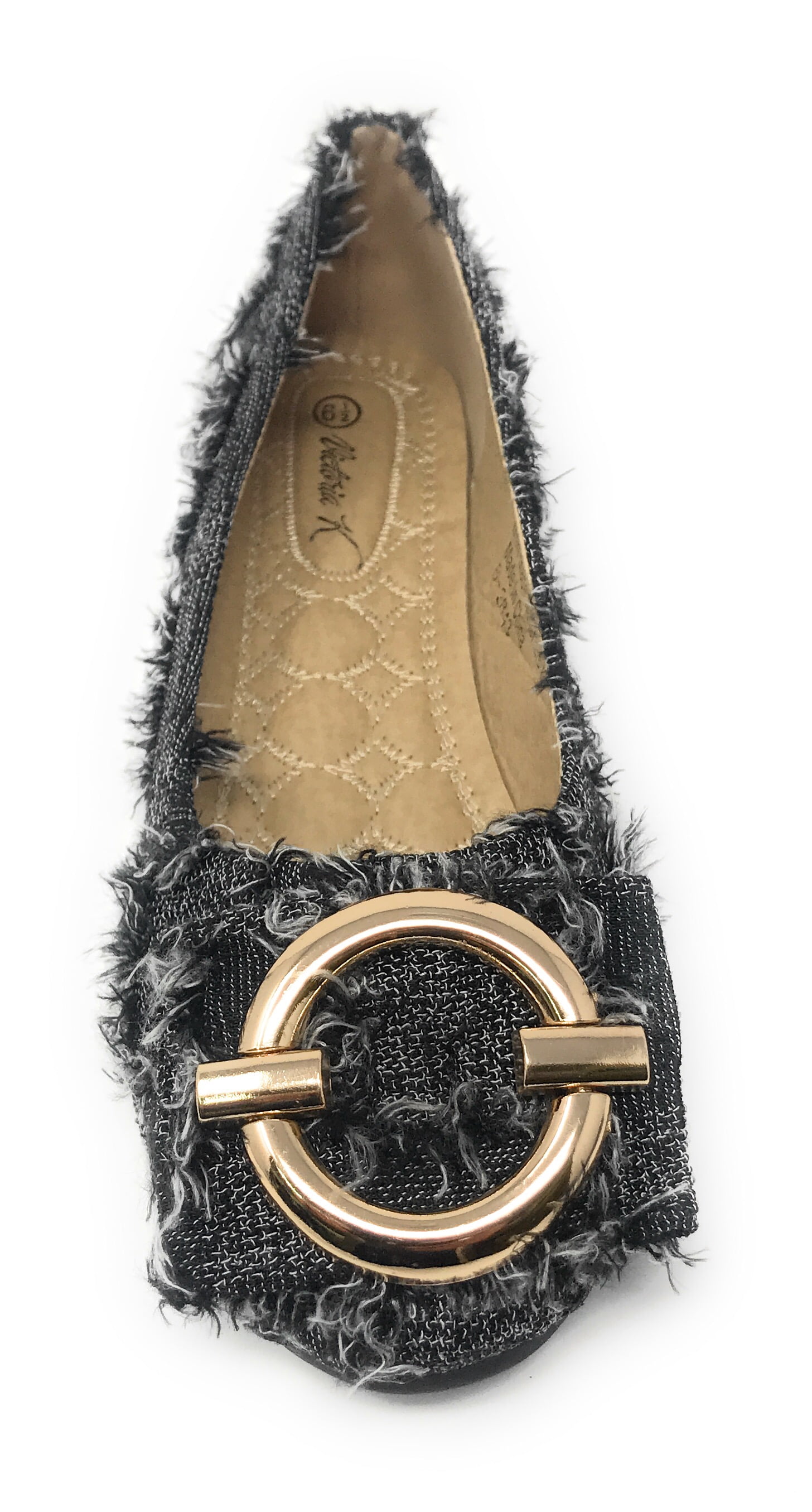 Victoria K Women's Round Buckle Patched Denim Ballerina Flats