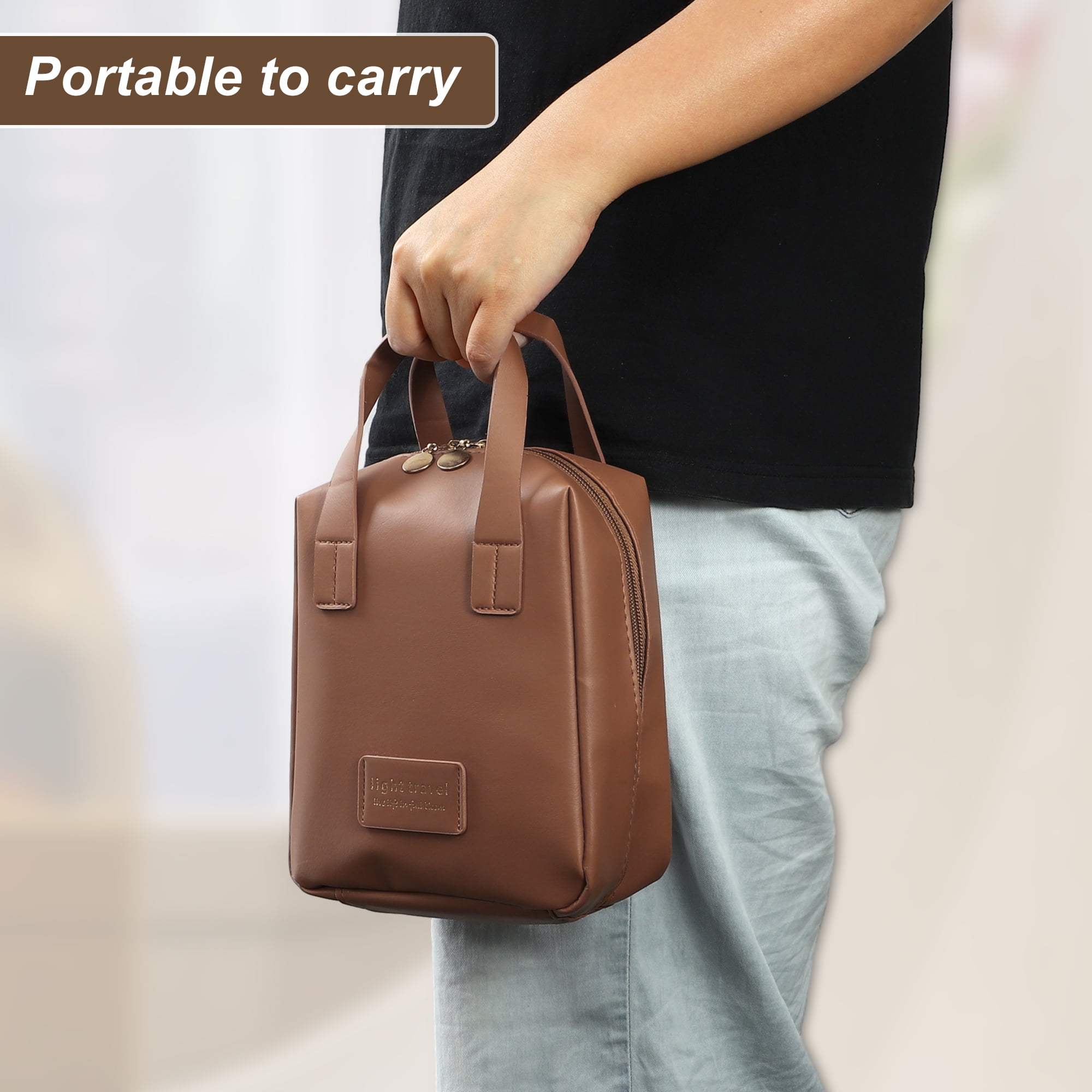 Unique Bargains Portable Makeup Bag Large Capacity Travel Makeup Pouch with Handle Brown