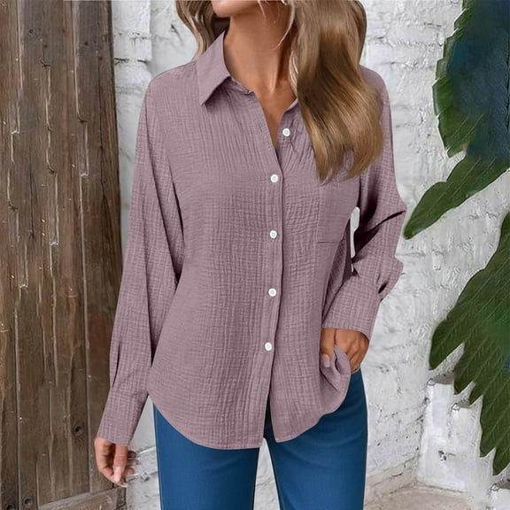 XUNKUSGA Shirts for Women Solid Color Button Tops for Women Trendy Long Sleeve Turndown Collar Women Clothes Casual Loose Fit Fall Clothes for Business Work S-2XL