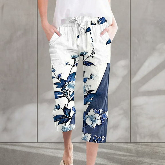 LEBONYARD Pants for Women Plus Size,Women Casual Pants Straight Leg Drawstring Elastic Waist Loose Comfy Trousers with Pockets Blue S