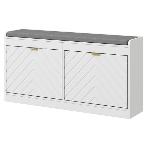 Upholstered Shoe Bench - Narrow Entryway Storage with 2 Flip Drawers, Fits 8 Pairs - White
