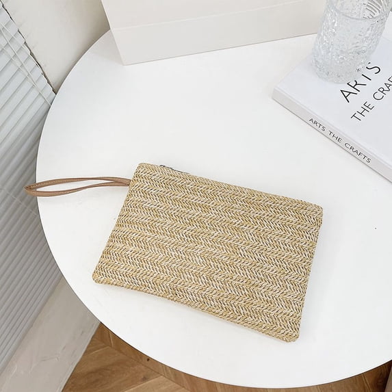 Casual Cute Vacation Casual Bag Bohemian Beach Small Handbags Outdoor Straw Coin Purse Woven Clutch Bag Women Wristlet Bag Korean Style Handbags BEIGE