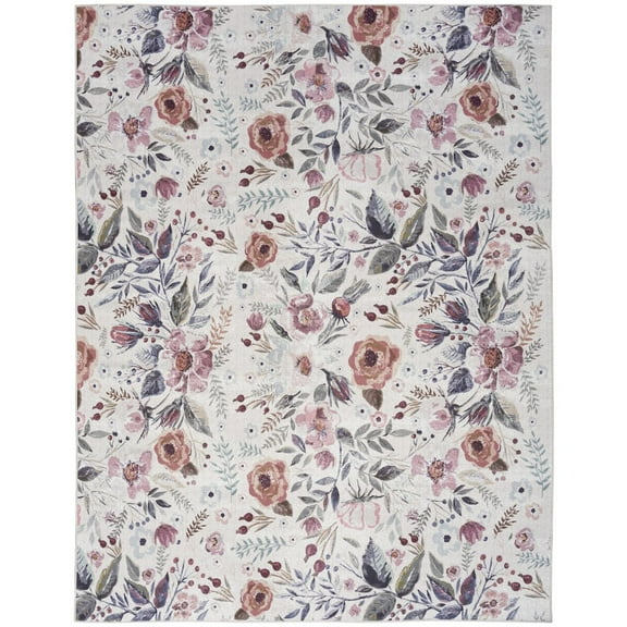 8' x 10' Ivory Pink and Green Floral Power Loom Washable Non Skid Area Rug