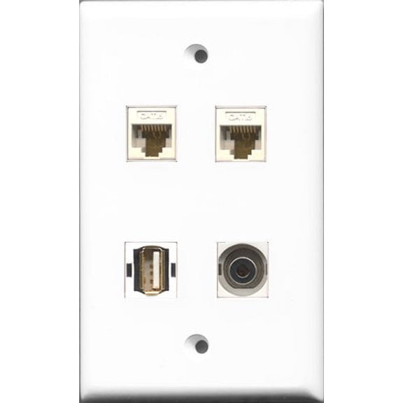 RiteAV 1 Port USB A-A and 1 Port 3.5mm 2 Port Cat6 Ethernet White Wall Plate