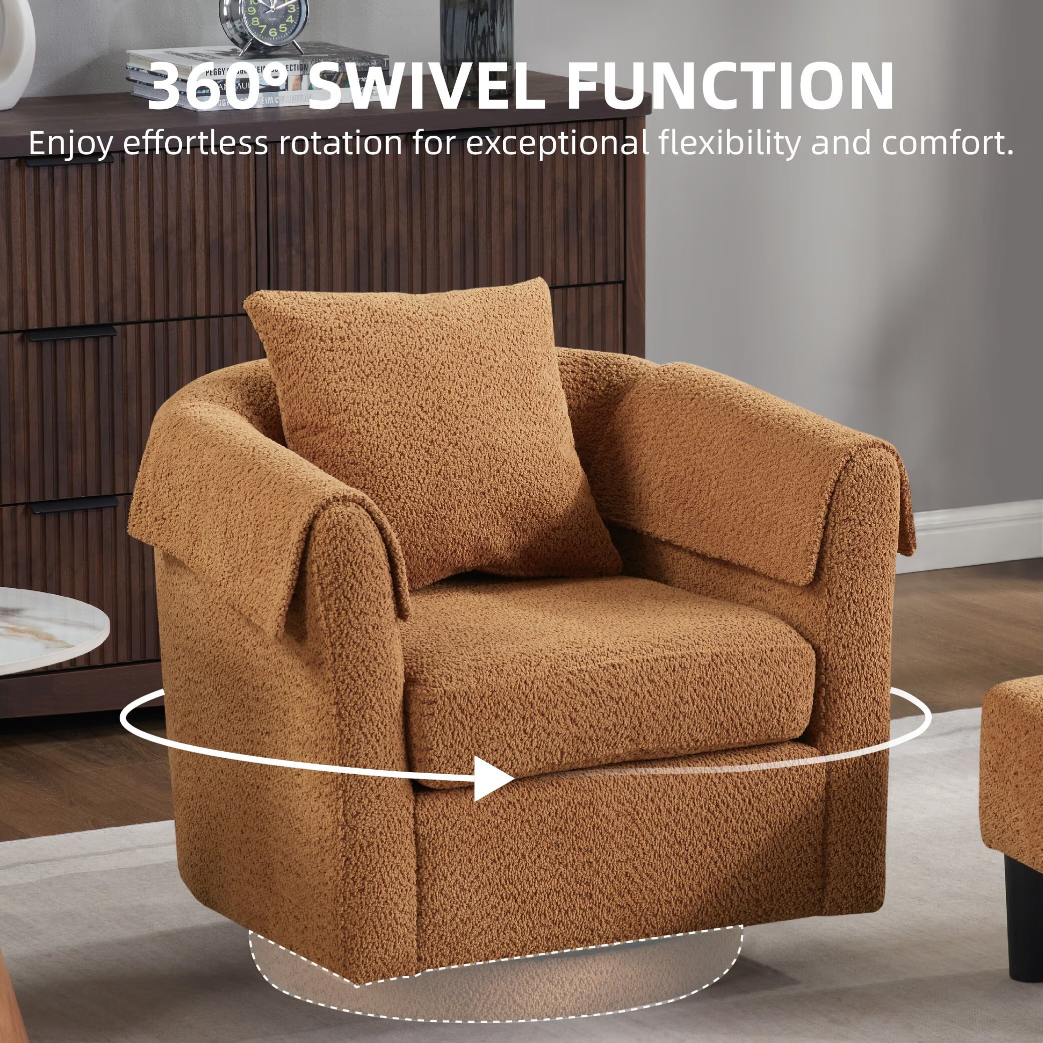 Avobird Living Room Chair With Ottoman Set, Chenille Barrel Armchair with Removable Back Pillow & 2 Armrest Covers, Brown
