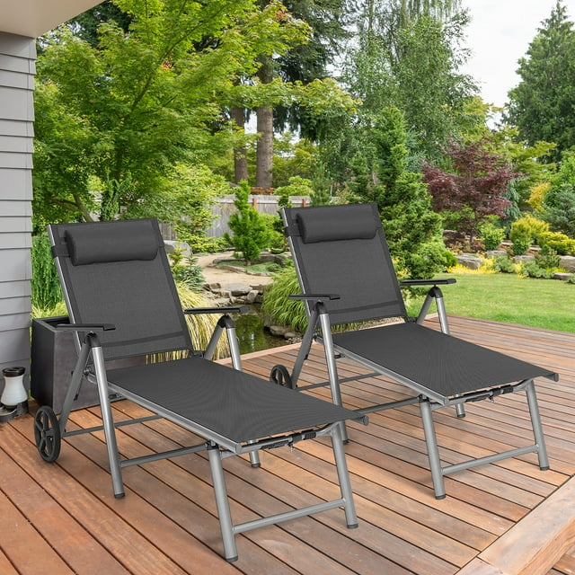 Costway 2 Pcs Chaise Longue Pliante Fauteuil Inclinable en Aluminium Dossier Réglable Roues