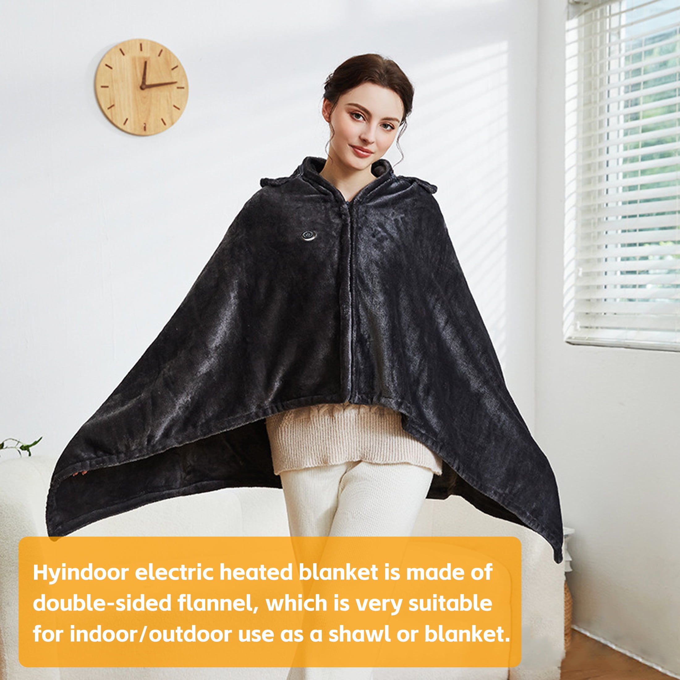 Hyindoor 59"x33" Electric Heated Blanket Portable USB Washable Heating Shawl with Hat Zipper for Indoor Outdoor (Dark Grey)