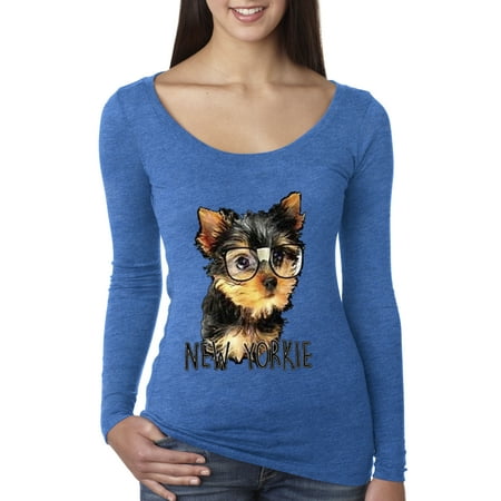 Trendy USA 381 - Women's Long Sleeve T-Shirt New York Yorkie Puppy Dog Glasses Large Royal Blue