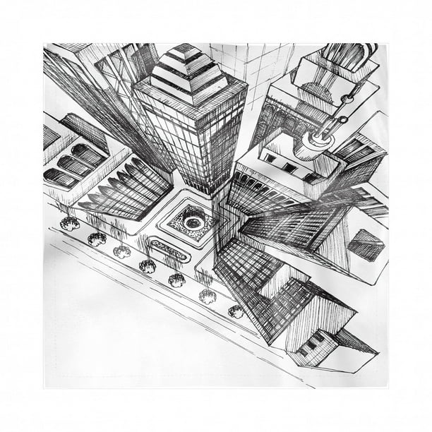 City Decorative Napkins Set of 4, Aerial View Sketch Pencil Drawing of ...