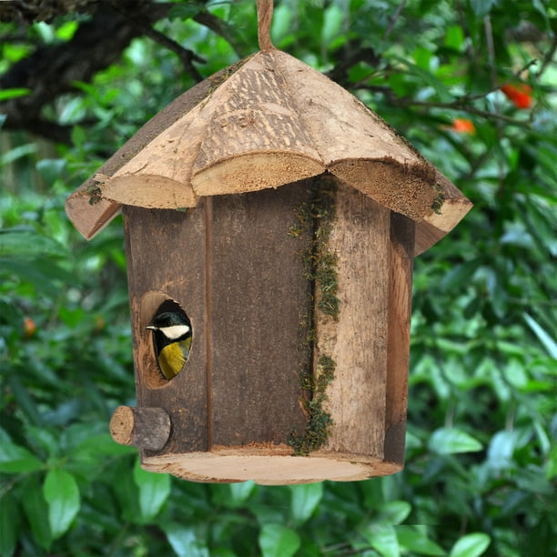 Casita de Madera para Pájaros de Exterior, Montada En La Pared, para Decoración de Jardín. Casita de Madera Natural con Cordón Colgante, Hábitat Seguro para Pájaros.