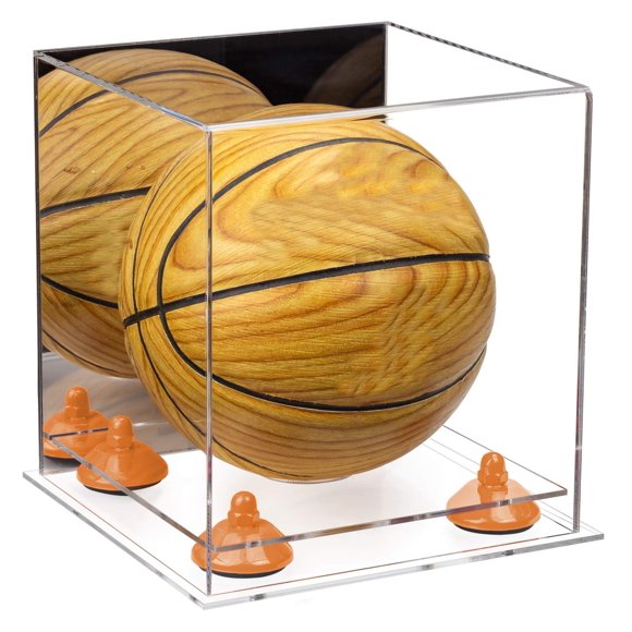 Better Display Cases Acrylic Mini - Miniature (not Full Size) Basketball Display Case with Mirror, Orange Risers and Clear Base (A015-OR)