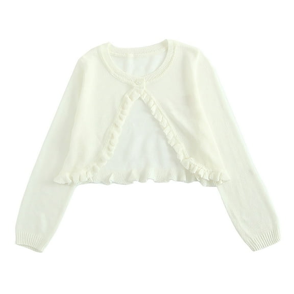 Ruyang Knitted Cardigan for Evening Dress Girls Cropped Sweaters Ruffle Trim Long Sleeve Trendy Shawl Plain Cute Sweater