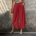 thumbnail image 4 of Capris Pants for Women Casual Women's Summer Wide Leg Linen Capris Drawstring Elastic Waist Loose Fitting Breathable Asymmetrical Hem Cropped Trousers Red XL, 4 of 6