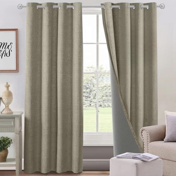 Lino Cortinas Blackout con Aislamiento Térmico, 100% Blackout y Ojal Superior Cortina para Recámara y Ventana de Sala, Capa Trasera de Revestimiento Gris, 2 Paneles, 140 x 305 cm, Natural