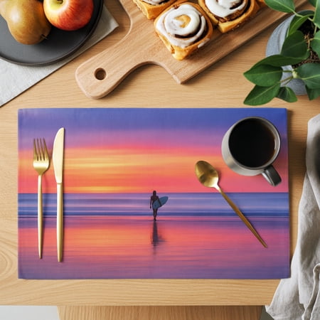 Tropical Sunset Placemats Set of 6, Surfer Girl Purple Tides Coastal Summer Non-Slip Place Mats Washable Table Mats for Kitchen Dining Table Decorations Indoor/Outdoor