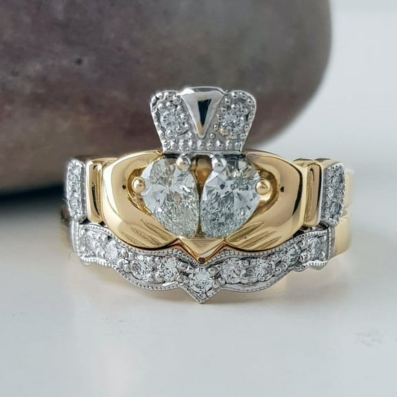 Bluebell Jewels Two-Tone Claddagh Wedding Ring Set 14K Yellow Gold Finish with Heart-Shaped CZ and Crown Design
