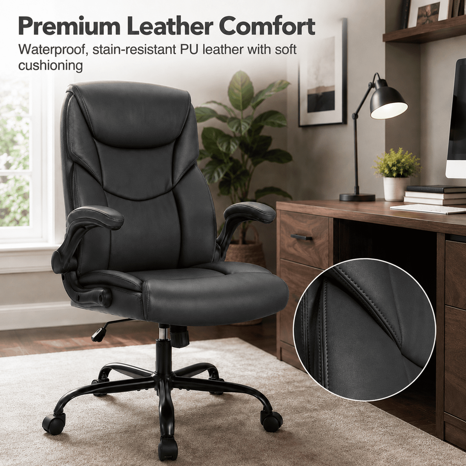 Alvantor PU Leather Executive Office Chair, Ergonomic Big and Tall Computer Desk Chairs, Breathable Leather Chair with Adjustable Flip-up Armrests, Adjustable Lumbar Support, Heavy Duty 300lbs